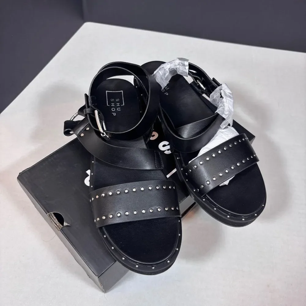 Shu Shop Cameron Black Studded Ankle Strap Sandals NEW in Box size 8.5